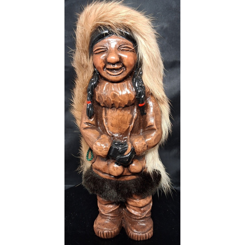 Vintage Hand Carved Inuit Alaska Style Figurine Laughing Person with Real Fur